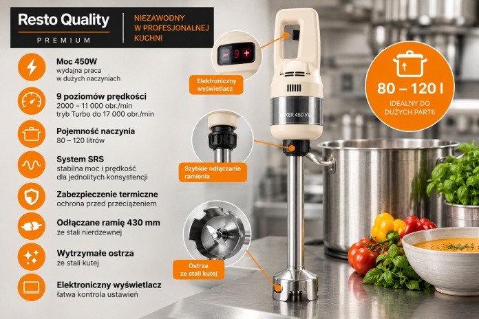 Mikser zanurzeniowy Resto Quality Premium FM450VV400 430 mm 450W cechy urządzenia